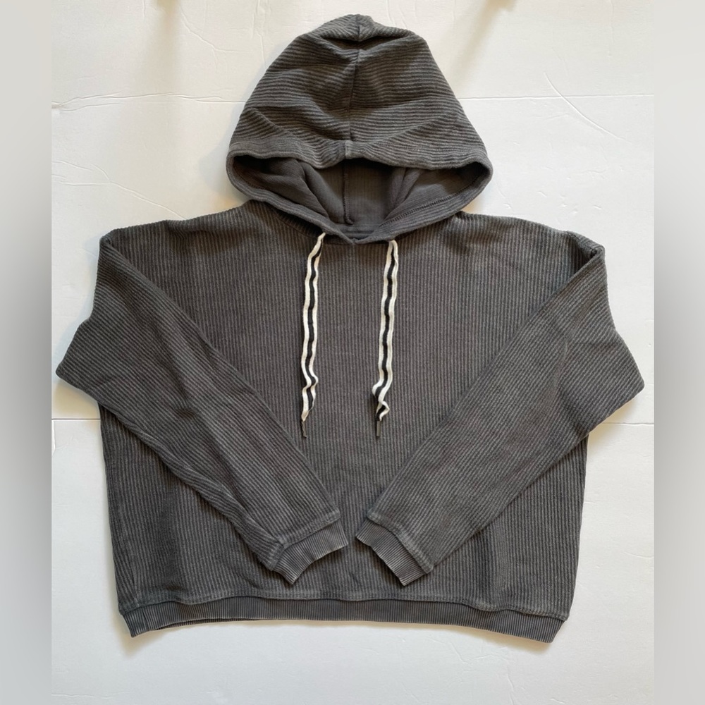 Aerie Hoodie Women’s Small Gray Ribbed Hooded Cropped Sweatshirt Drawstring